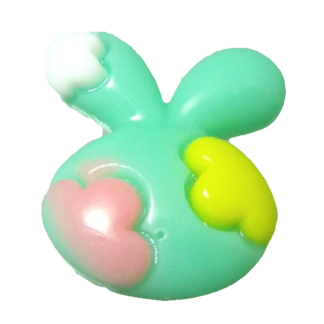 Flat-back green white pink and yellow plastic rabbit head cabochons by piece - size 19 x 21 mm