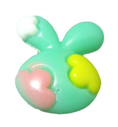 Flat-back green white pink and yellow plastic rabbit head cabochons by piece - size 19 x 21 mm