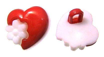 White flower and red heart plastic buttons - size 13.5 mm - 5 pieces