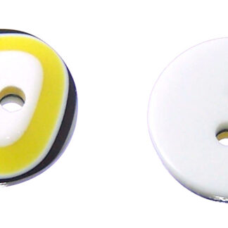 Two-hole black and yellow triangle round white plastic buttons - diametre 13 mm - 6 pieces
