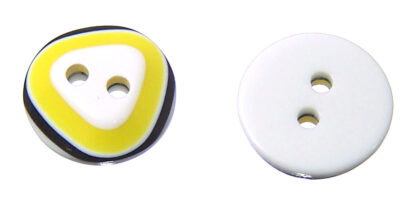 Two-hole black and yellow triangle round white plastic buttons - diametre 13 mm - 6 pieces