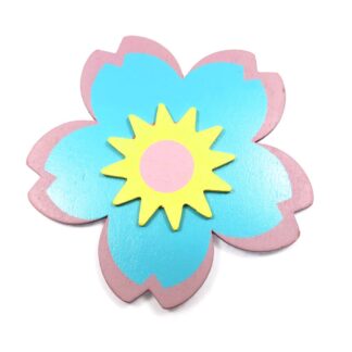 Blue pink yellow wooden flower - size 120 x 127 mm