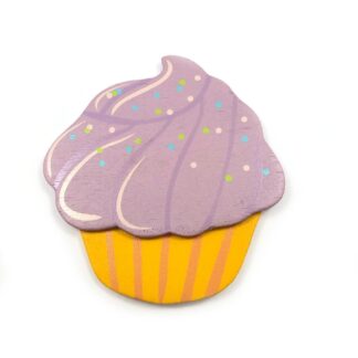 Green blue white dots light purple orange yellow wooden cupcake - size 75 x 80 mm
