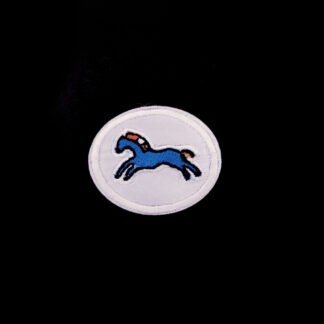 Blue and orange horse on white iron-on garment sticker by piece - size 35 x 40 mm