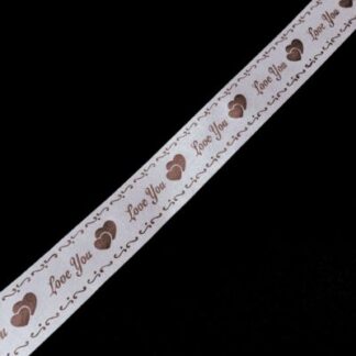 Shiny white satin ribbon with words Love You in brown and hearts by metre - width 25 mm