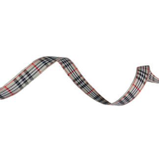 Grey polyester ribbon with red rectangles and black white checkered pattern by metre - width 10 mm
