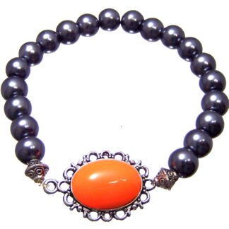 Oval orange cabochon on silvery metal base bluish dark grey beads bracelet - diametre 8 mm