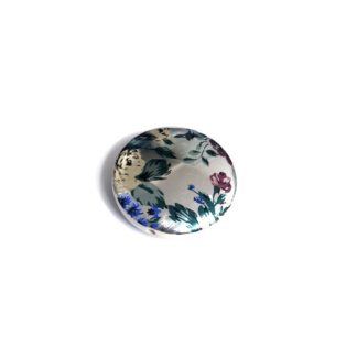 Flat round acrylic silvery bead with pink and blue flowers and green leaves - diametre 33 mm