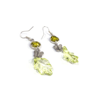 Green leaf flat round rhinestone silvery metal butterfy earrings - size 15 x 70 mm