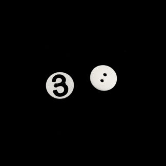 Two-hole black number 3 round white plastic buttons - diametre 13 mm - 6 pieces