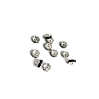 Flat round silvery metal spacer bead with black rhinestone - diametre 7.5 mm - 10 pieces
