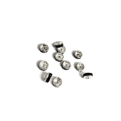 Flat round silvery metal spacer bead with black rhinestone - diametre 7.5 mm - 10 pieces