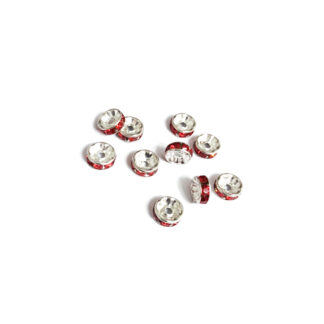 Flat round silvery spacer beads with red rhinestone - diametre 7.5 mm - 10 pieces