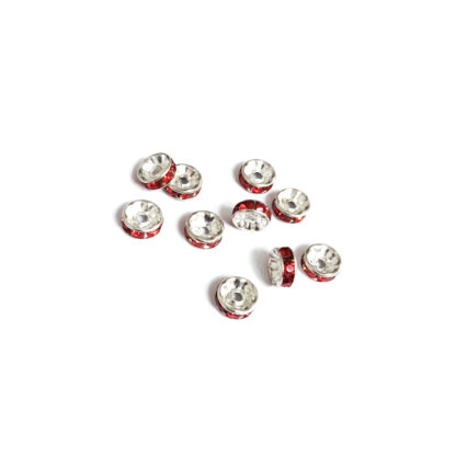 Flat round silvery spacer beads with red rhinestone - diametre 7.5 mm - 10 pieces