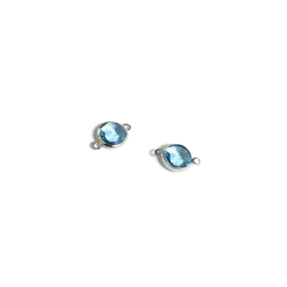 Faceted light blue rhinestones round silvery metal connectors - size 9 x 13 mm - 2 pieces