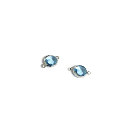 Faceted light blue rhinestones round silvery metal connectors - size 7 x 11 mm - 2 pieces
