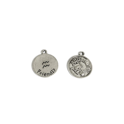 Zodiac sign Aquarius round silvery metal pendant - diametre 17 mm