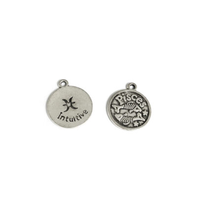 Zodiac sign Pisces round silvery metal pendant - diametre 17 mm