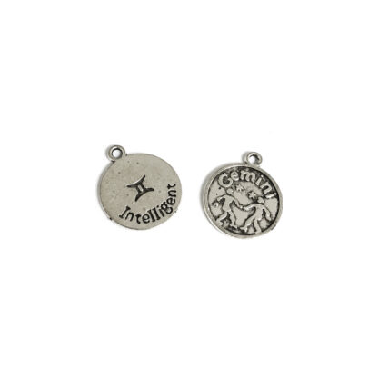 Zodiac sign Gemini round silvery metal pendant - diametre 17 mm