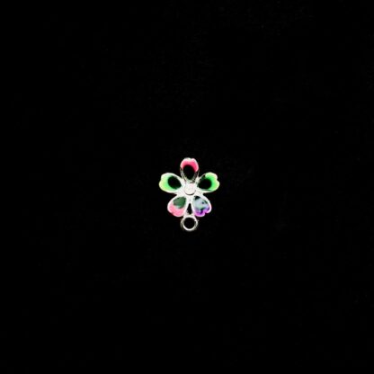 Green pink purple petals silvery metal flower pendant - diametre 13 mm