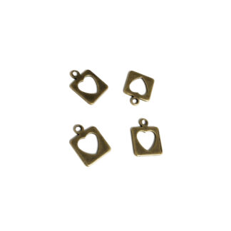 Perforated heart square brass metal pendants - size 13 mm - 4 pieces