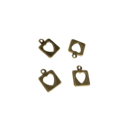 Perforated heart square brass metal pendants - size 13 mm - 4 pieces