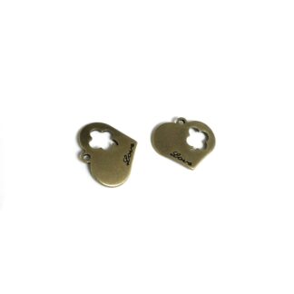 Perforated flower brass metal Love heart pendants - size 16 x 20 mm - 2 pieces