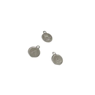 Silvery metal flat round letter A pendant - diametre 10 mm - 4 pieces