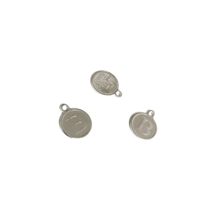 Silvery metal flat round letter B pendant - diametre 10 mm - 4 pieces