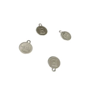 Silvery metal flat round letter E pendant - diametre 10.5 mm