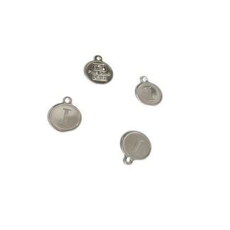 Silvery metal flat round letter I pendant - diametre 10 mm - 4 pieces