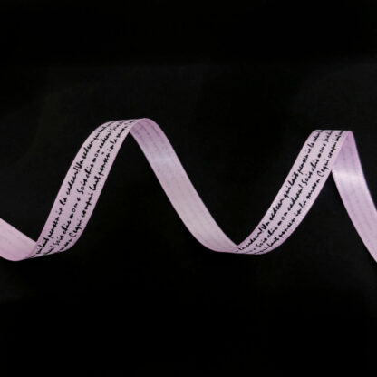 Light pink satin ribbon with written words in black by metre - width 10 mm