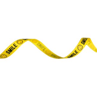 Yellow grosgrain ribbon with word SMILE in black and smiley face by metre - width 10 mm