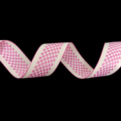 Yellowish white cotton ribbon with pink checkered pattern and edges by metre - width 25 mm
