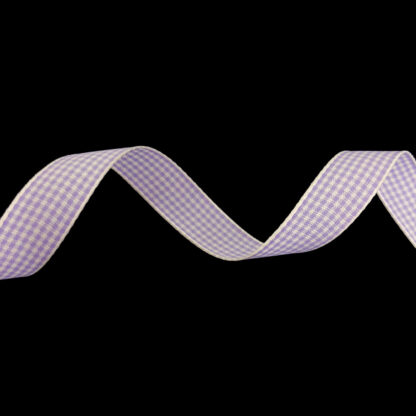 Cream polyester ribbon with light purple checkered pattern by metre - width 15 mm