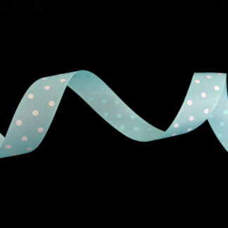 Bluish light green grosgrain ribbon with white polka dots by metre - width 20 mm
