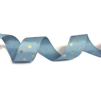 Greyish light blue grosgrain ribbon with golden polka dots by metre - width 25 mm