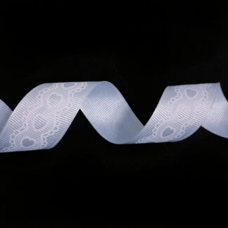 Light blue grosgrain ribbon with white hearts by metre - width 26 mm