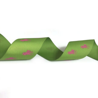 Yellowish green grosgrain ribbon with pink horseman by metre - width 38 mm