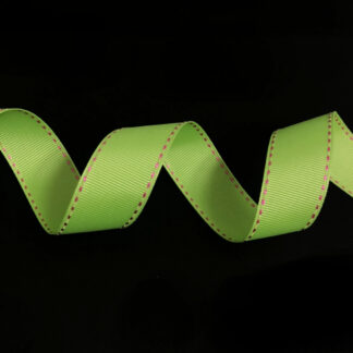 Yellowish green grosgrain ribbon with pink stitched edges by metre - width 25 mm