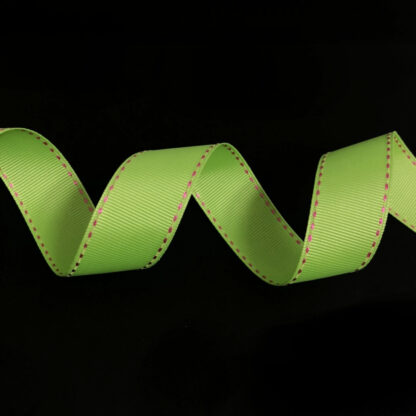 Yellowish green grosgrain ribbon with pink stitched edges by metre - width 25 mm