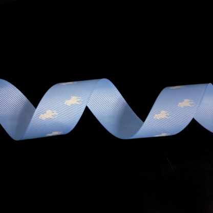 Light blue grosgrain ribbon with white horseman by metre - width 25 mm