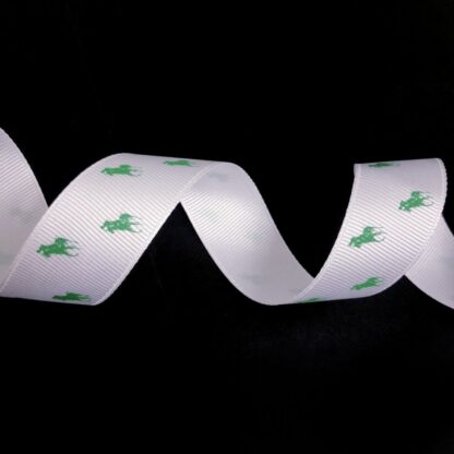 White grosgrain ribbon with green horseman by metre - width 25 mm