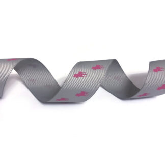 Grey grosgrain ribbon with pink horseman by metre - width 25 mm