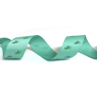 Bluish light green grosgrain ribbon with green horseman by metre - width 25 mm