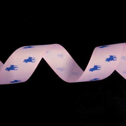 Light pink grosgrain ribbon with blue horseman by metre - width 25 mm