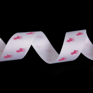 White grosgrain ribbon with reddish pink horseman by metre - width 25 mm