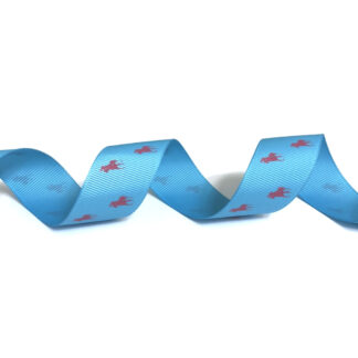 Light blue grosgrain ribbon with pink horseman by metre - width 25 mm