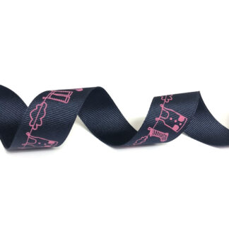 Dark navy grosgrain ribbon with pink clouds and clothes hung on line by metre – width 26 mm