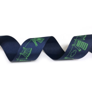 Dark navy grosgrain ribbon with green clouds and clothes hung on line by metre – width 26 mm